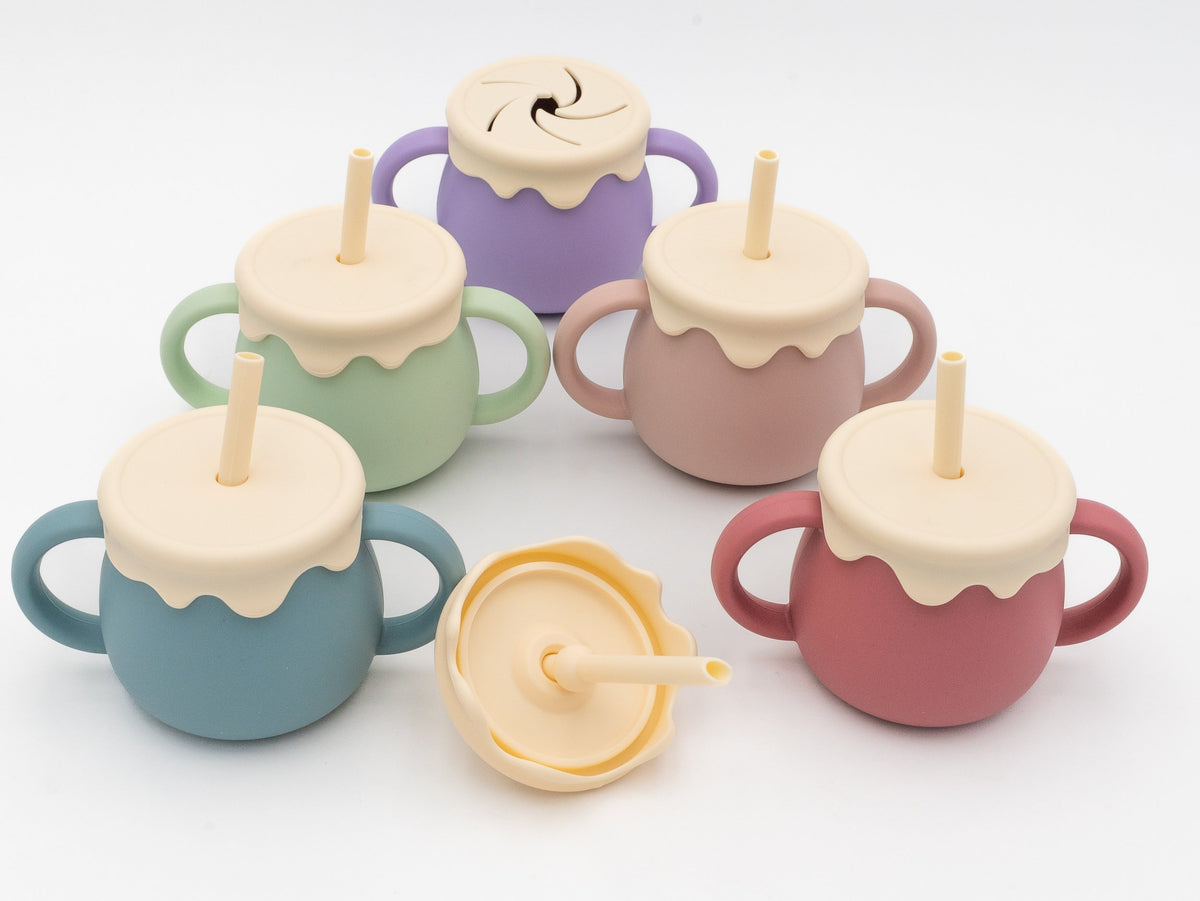 Honey-jar children's cups in five colours with straw and snack lids