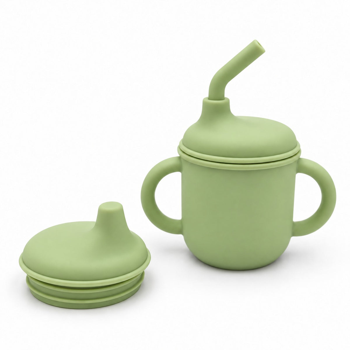3-in-1 silicone kids cup with handles, straw and spout lid in dark green